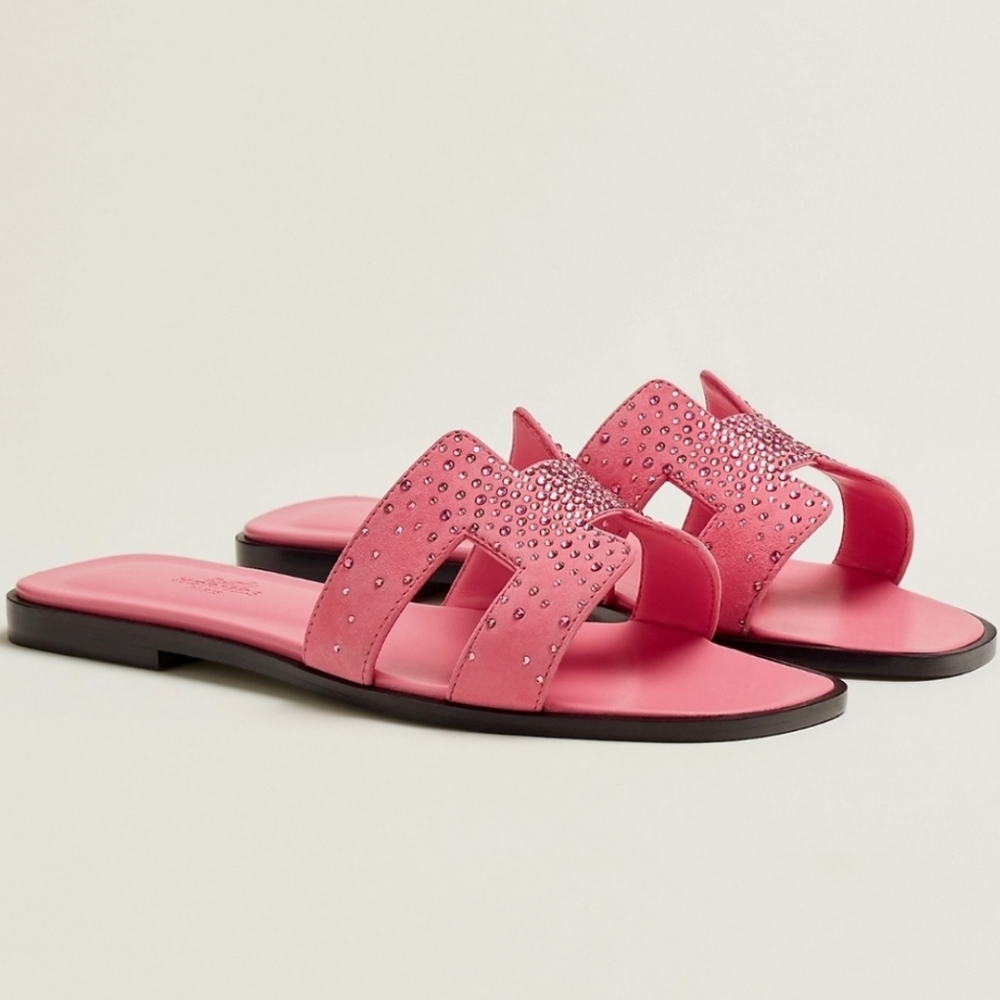 New in Box, Hermès Oran Sandals inRose Jaipur Suede with Rhinestones sz37.5